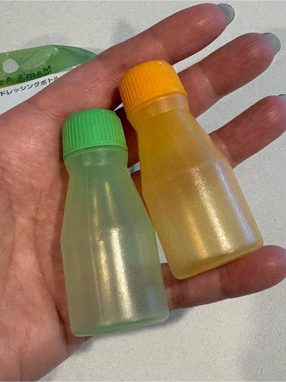 Reusable Green and Yellow mini Condiment Bottles - 5